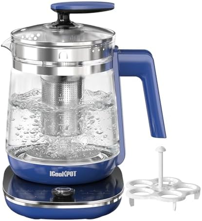 Electric Kettle 1.5L Borosilicate Glass, 1200W Temperature Control Tea Kettle with Auto Shut-Off & Boil-Dry Protection, BPA-Free Stainless Steel Base, Fast Boil for Coffee & Tea, Blue by ICOOKPOT