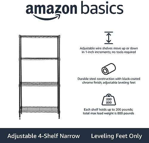 Amazon Basics 4-Shelf Steel Wire Storage Shelves for Garage, Adjustable Metal Shelving Unit, 200 lbs Per Shelf, 23.2" W x 48" H x 13.4" D, Black - Image 3