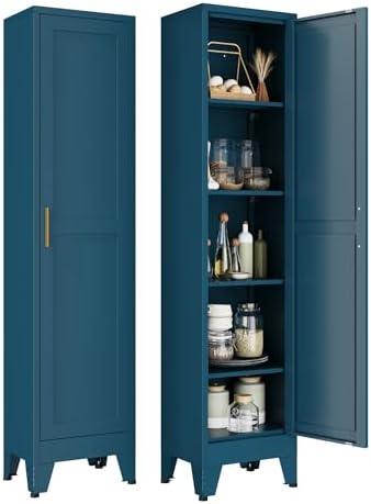 YAUWOH Narrow Metal Storage Cabinet, Tall Freestanding Cabinet with 4 Adjustable Shelves & Barn Doors, Pantry Organizer for Bathroom Kitchen Home Office Dining Room（1PC,Blue by YAUWOHFactoryOutletsColorfulMetalFurniture