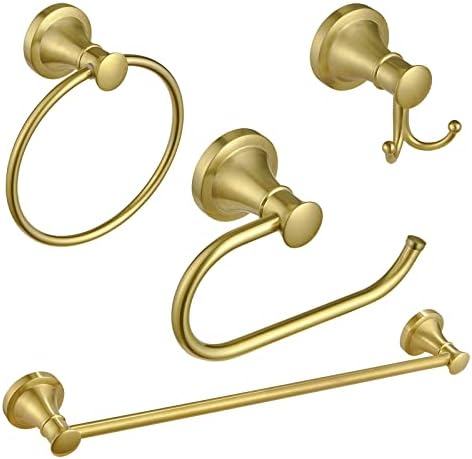 BESy Brushed Gold 4 Piece Bathroom Accessories Set (Single Towel Bar, Towel Ring, Toilet Paper Holder, Double Towel Hooks), Wall Mounted Bath Hardware Accessory Fixtures Set by BESy