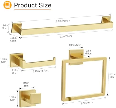 5 Pieces Brushed Gold Towel Bar Set Bathroom Hardware Accessories Set Stainless Steel Wall Mounted,23.6 Inch Towel Rack Set - Image 6