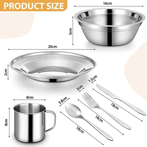 58 Pcs Camping Plates Cups and Bowls Set, Stainless Steel Dishes Mess Kit Utensils Tableware with Spoons Forks Knives Storage Bags for 8 Person Outdoor Camping Backpacking Hiking Travel Picnic - Image 2