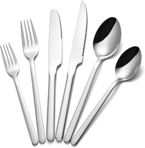 KINGSTONE 24-Piece Silverware Set with Steak Knives, Flatware Set for 4, 18/10 Stainless Steel Tableware Cutlery Set for Home Restaurant, Mirror Finish,Modern Design by KINGSTONE