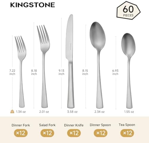 18/10 Flatware set for 12, 60 Piece Matte Stainless Steel Silverware Set - Image 7