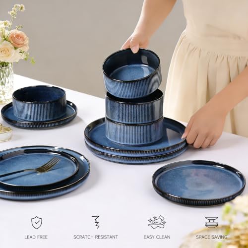 Stoneware Dinnerware Sets for 4, 12Pcs Plates and Bowls Set, Midnight Blue - Image 4