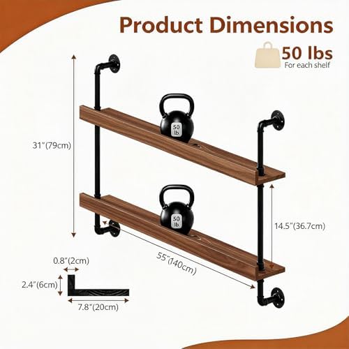 Wall Mounted Wine Rack with LED Light - 2-Tier Solid Wood Industrial Rustic Floating Shelves, Bottle Storage Organizer for Kitchen, Bar, Pub, Cellar, Home Bar (Walnut, 2-140cm/55.1in) - Image 2