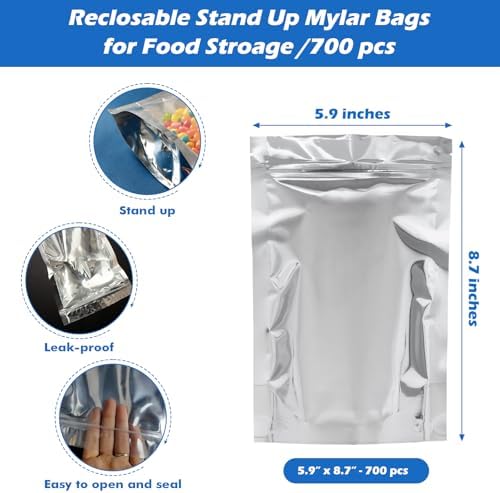 700-Pack Reclosable Large Mylar Bags for Food Storage 5.9" x 8.7" Stand Up Pouch Bags Bulk Resealable Smell Proof Aluminum Silver Foil Bags with Clear Window Kitchen Storage Edible Packaging - Image 3
