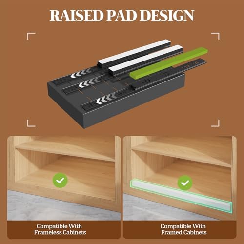 Seinloes 4 Pack Expandable Pull Out Cabinet Organizer 21" Deep With Raising Pad for Framed Cabinets,Upgrade 3 Slide Rails Slide Out Drawers,No Drill Roll Out Shelves,Adjustable Width 9"-14" Black - Image 2