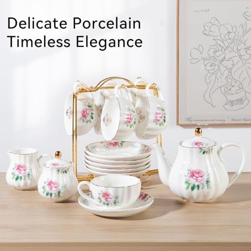 Porcelain Tea Sets British Royal Series, 8 OZ Cups & Saucer Service for 6, with Teapot Sugar Bowl Cream Pitcher Teaspoons and Tea Strainer, Suitable for High Tea, Wedding, Party(Blush Pink) - Image 3