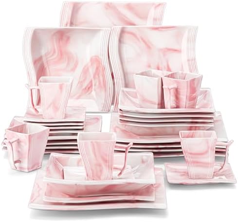 MALACASA Dinnerware Sets, 30-Piece Pink Plates and Bowls Sets for 6, Porcelain Dinnerware Set with Plates and Bowls, Cups and Sacuers, Square Dish Set, Modern Dining Ware Set, Series Flora by MALACASA