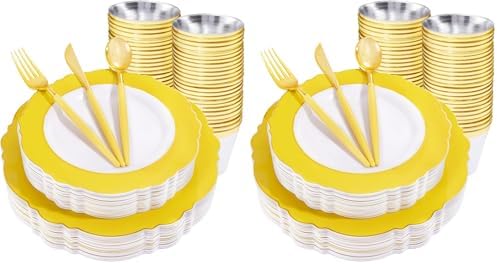 WDF 150pieces Yellow Disposable Dinnerware Hign-end Baroque Design - Sturdy&Durable Baroque Yellow Sunshine&Gold Plastic Dinnerware for Upscale Wedding & Thanksgiving Parties (Pack of 2) by WDF