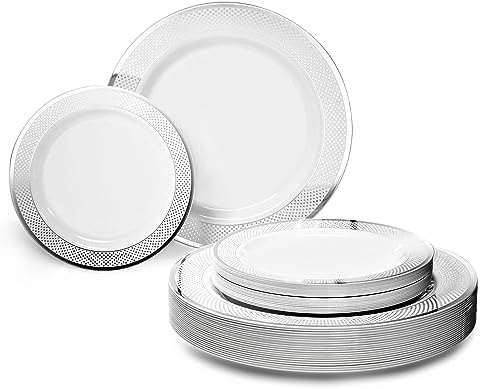 OCCASIONS 100 Plates Pack,(50 Guests) Heavyweight Premium Wedding Party Disposable Plastic Plates Set -50 x 10.5'' Dinner + 50 x 7.5'' Salad/Dessert (Sundance White & Gold Rim) - Image 5