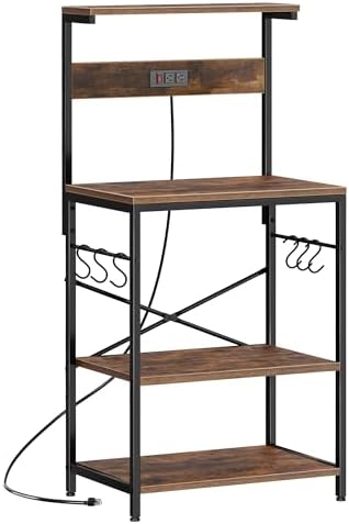 SUPERJARE Kitchen Bakers Rack with Power Outlet, Coffee Bar Table 4 Tiers, Kitchen Microwave Stand with 6 S-shaped Hooks, Storage Shelf Rack for Spices, Pots and Pans - Rustic Brown by SUPERJARE