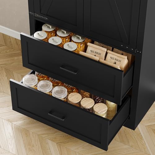 BORNOON Pantry Organizers and Storage Cabinet, 71” Barn Door Black Kitchen Cabinet with Drawers and Adjustable Shelf, Tall Pantry for Kitchen, Dining Room, Living Room, Bathroom and Office - Image 6