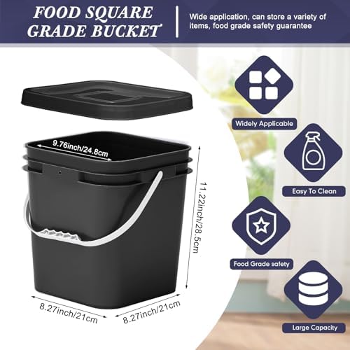 Mumufy 3 Pcs 3.5 Gallon Square Food Grade Bucket with Lid, Black - Image 2