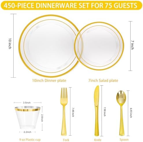 WELLIFE Clear and Gold Plastic Plates, Dinnerware Set for 75 Guests - Image 6