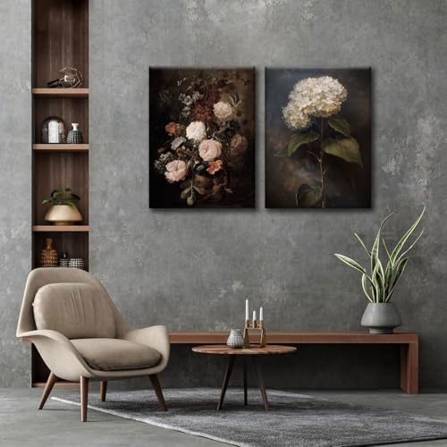 Doqueodas 2 pcs Vintage Floral Canvas Wall Art, Elegant Dark Rose Hydrangea Oil Painting Print Artwork, Rustic Farmhouse Classic Painting Poster Wall Decor, Suitable for Living Room Office12x16 inch - Image 3