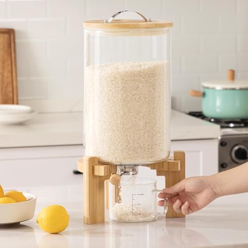 HBlife 18-22 Lbs Glass Rice Dispenser with Wooden Stand Flour and Cereal Container with Glass Measuring Cup Pantry Food Organization Storage Bin with Airtight Bamboo Lid, 11L - Image 5