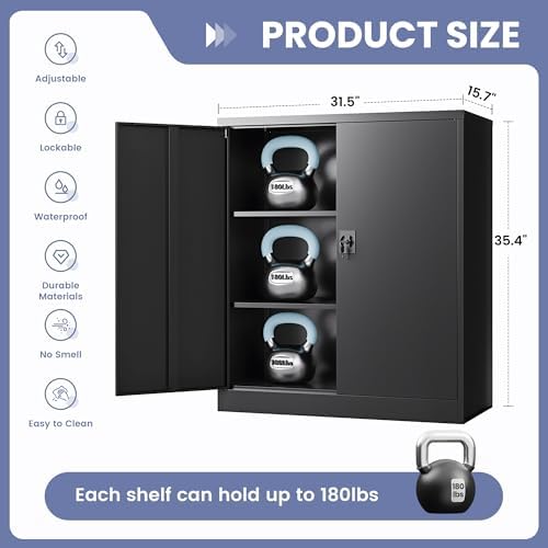 Metal Storage Cabinet, Wide & Deep File Cabinet with 2 Doors and Adjustable Shelves, Lockable Tool Cabinet for Garage,Home Office and School (Black) - Image 3