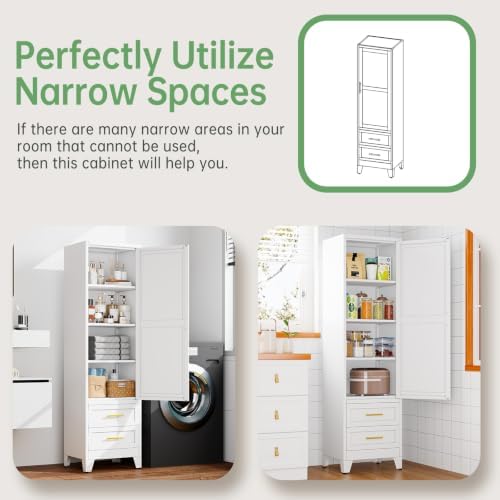 Ckzbx Tall Narrow Storage Cabinet, 66.93" H Tall Bathroom Cabinet Metal Pantry Cabinets with Drawers, 3 Adjustable Shelves, for Kitchen, Bathroom, Home Office, Living Room (White) - Image 6