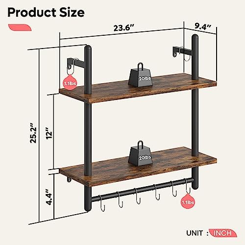 Bestier 24" 2 Tier Industrial Pipe Wall Shelf with 8 Hooks, Rustic Brown - Image 2
