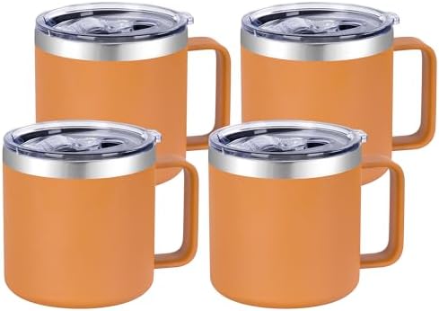 VEGOND 14 oz Insulated Coffee Mug Bulk with Handle, Stainless Steel Travel Coffee Mug with Lid, Double Wall Vacuum Metal Coffee Cup, Coffee Tumbler Powder Coated, Orange 4 Pack by VEGOND