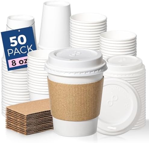 Fit Meal Prep 50 Pack 8 oz Disposable Coffee Cups with Lids, Sleeves, Leak-Proof To Go Coffee Cups with Lids, Durable Hot Paper Cups for Home, Office, Party, Business by FMPBRANDS