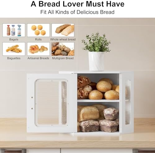 TQVAI Corner Bread Box for Kitchen Countertop, Solid Wood Double Layer Large Storage Container with Adjustable Shelves, Farmhouse Acrylic Window Design, White - Image 2