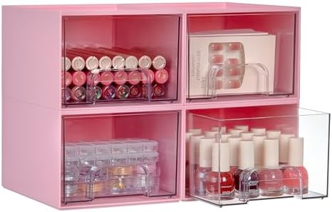 Vtopmart 4 Pack Small Clear Stackable Storage Drawers, Pink by Vtopmart