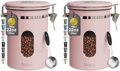 Veken Coffee Canister with Window, Airtight Stainless Steel Container,Date Tracker, Kitchen Food Storage Jars for Beans, Ground, Espresso, Rice,Tea, Sugar, Cereal, Gifts, Scoop, Pink, 22OZ (Pack of 2) by Veken