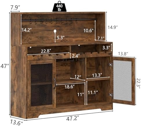 Loomie Wine Bar Cabinet with LED Light, Liquor Cabinet with Glass Holder, Coffee Bar for Liquor, Storage Buffet with Wine Racks, Wine Cabinet with Mesh Door (Rustic) - Image 2