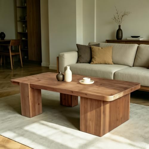 Rustic Wooden Coffee Table with 3 Thicked Legs, Big Rectangle Coffee Table by Unknown