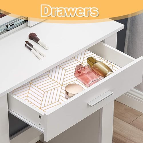 Shelf Liners for Kitchen Cabinets Non Adhesive Shelf Liner Paper Non-Slip Thickened Drawer Liner Easy to Clean for Tool Box Refrigerator with Knife and Tape Measure, Gold Geometric, 11.8 x 118 in - Image 3