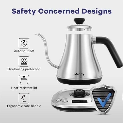 Mecity Electric Gooseneck Kettle With LCD Display Automatic Shut Off Retro Coffee Kettle Temperature Control Hot Water Boiler to Pour Over Tea, 1200 Watt Quick Heating Tea Pot, 0.8L, Stainless Steel - Image 4