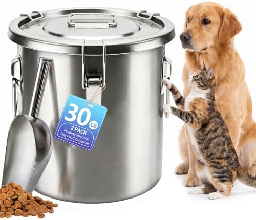 30LB Stainless Steel Dog Food Storage Container with Lid & Scoop, Large Metal Dog Food Container for Dry Pet Food, Pet Food Storage Container for Kibble, Cat Food and Treats by PawtyPets