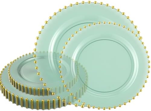 PLASTICPRO 32 Piece Combo Plastic Dinner Plates Disposable Plastic Fancy Heavy Duty Party Dishes 7 inch and 10 inch, Translucent Green and Gold Beaded by PLASTICPRO