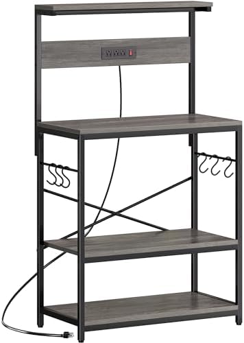 SUPERJARE Bakers Rack with Power Outlets, Microwave Stand, 31.5 X 16.5 Inch Larger Desktop, Kitchen Storage Rack with Adjustable Middle Shelf, 6 S-Shaped Hooks, Coffee Bar Stand, Grey by SUPERJARE