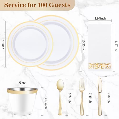 BESTVIP 700 PCS Disposable White and Gold Plastic Plates for 100 Guests - Image 4