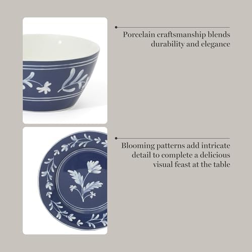 Martha Stewart Dinnerware Set- Maiden Crown 12-Piece Sky Blue Dishes – New Bone China Ceramic Plates & Bowls – Floral Design – Service for 4 – Microwave & Dishwasher Safe - Image 4