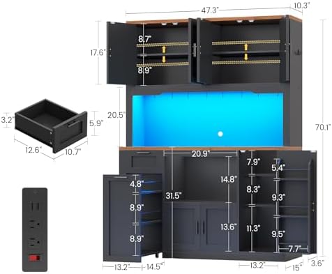 Itaar 71" Pantry Cabinet with Charging Station and LED Light, Kitchen Pantry Cabinet with Microwave Stand, 47.2" Wide Kitchen Storage Cabinets with Storage Cart 3 Tier for Dining Room, Black - Image 2