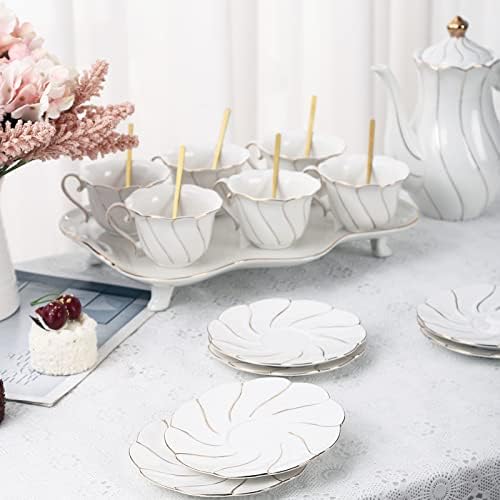 DUJUST 20 pcs Tea Set of 6 with Tea Tray & Spoons, Luxury British Style Tea/Coffee Cup Set with Golden Trim, Beautiful Porcelain Tea Set for Living Room Decor, Tea Party Set, Gift Package - White by DUJUST