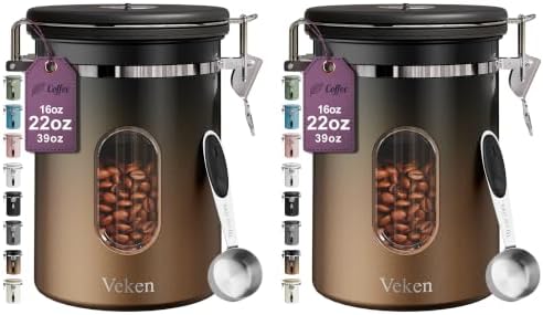 Veken Coffee Canister with Window, Airtight Stainless Steel Container,Date Tracker, Kitchen Food Storage Jars for Beans, Ground, Espresso, Rice,Tea,Sugar, Cereal, Gifts, Scoop,Copper, 22OZ (Pack of 2) by Veken