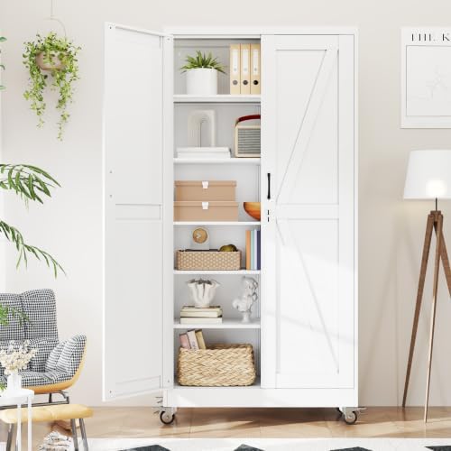 Metal Storage Cabinets with Wheels, Steel Tool Cabinets Lock Door and 5 Adjustable Shelves for Home Office, Garage, Kitchen (White, 73.6" H) by Unknown