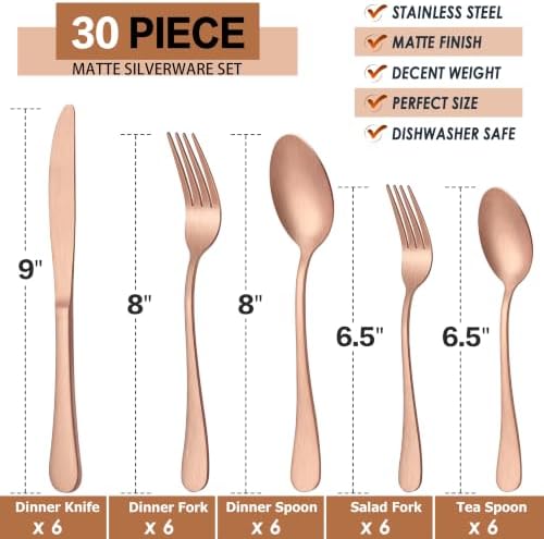 LIANYU 30 Piece Matte Copper Silverware Set, Stainless Steel Copper Cutlery - Image 2