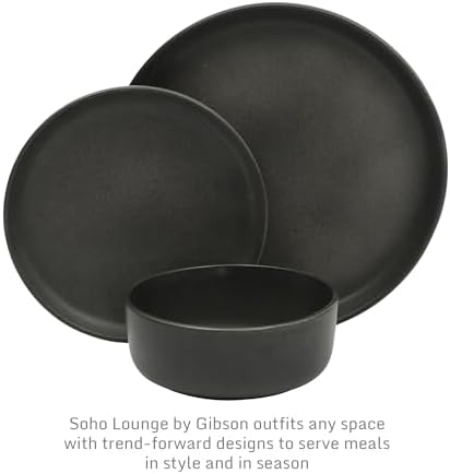 Gibson Elite Pasco 12 Piece (Service for 4) Plates and Bowls Reactive Glaze Dishes Stoneware Ceramic Dinnerware Set - Black - Image 3