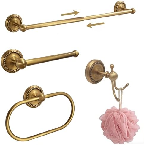 Antique Brass 4-Piece Bathroom Hardware Set Adjustable Towel Bar 13-24" by Unknown