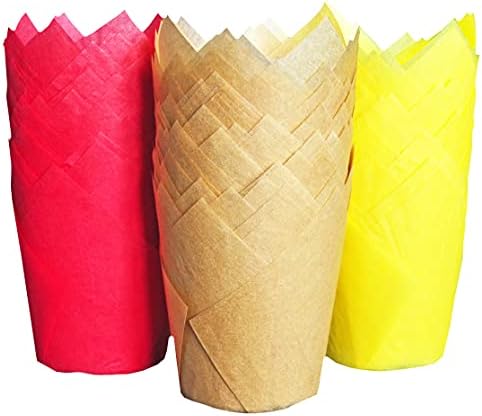 QLSmypkg Large Greaseproof paper Wrappers Muffin Baking cupcake cups liners, 2-1/4" x 4" Natural,Red,Yellow 3 colours in a box Tulip Baking Cups Holders 125 pcs (Large) (125, Multi Red,Yellow,Natural) by QLSmypkg