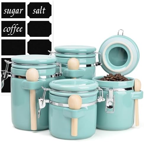 4 Piece Airtight Ceramic Canister Set With Attached Wooden Spoon Reusable Chalk Labels For Dry Goods Sugar Coffee Tea Kitchen Storage Use (Turquoise) - Image 2