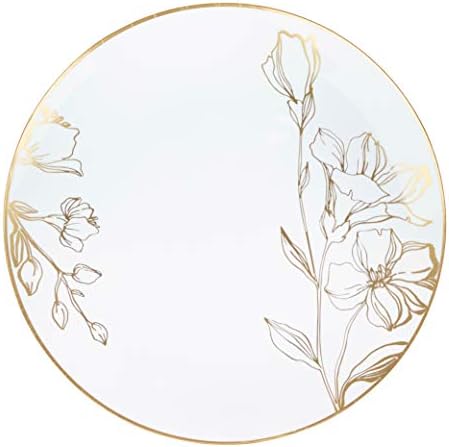 [10'' Plates 10 Count] White Plastic Floral Design Party Dinner Plates With Gold Rim Premium heavyweight Elegant Disposable Tableware Dishes by PLASTICPRO