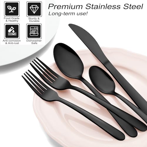 Pleafind 24Pcs Black Silverware Sets for 4 - Dishwasher Safe, Flatware Set with Steak Knives, Stainless Steel Cutlery Set, Include Forks Spoons and Knives Set, Utensil Sets for Home Restaurant - Image 4